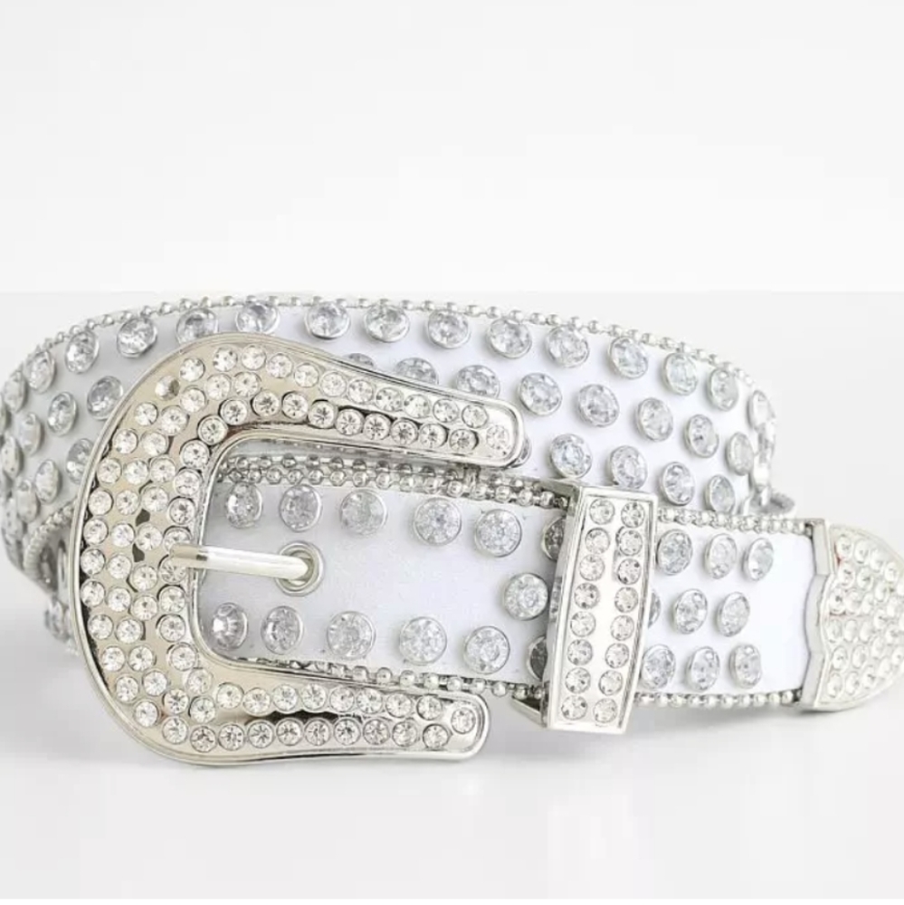 RHINESTONE LEATHER WESTERN BELT WHITE